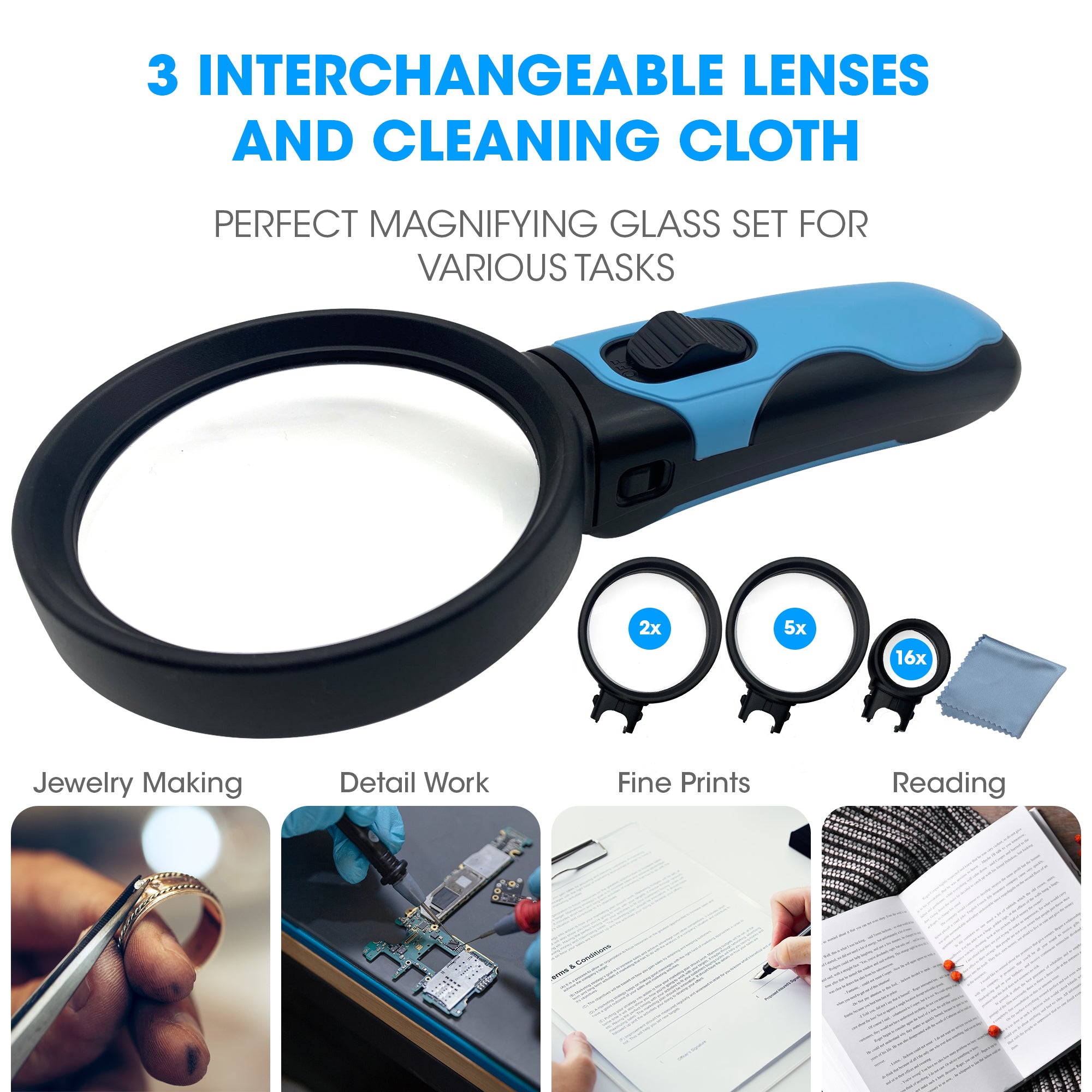Magnipros Magnifying Glass with Bright LED Lights- 2.5x, 5X, 16x Handheld Magnifying Glass with 3 Interchangeable Lenses-ideal for Seniors, Maps, Macu
