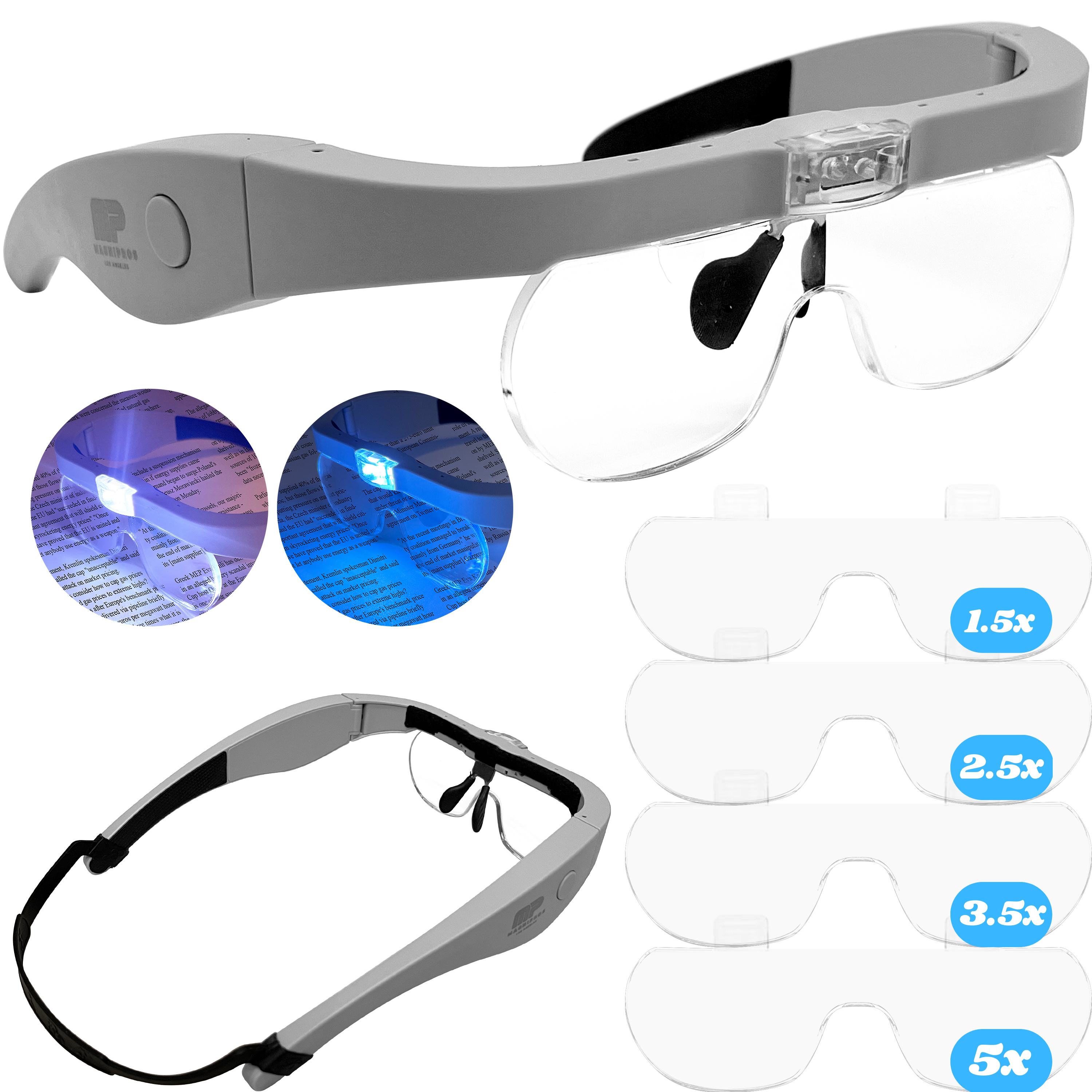 Vision Aid Magnifying Glasses with LED Light, 5 Lenses, Headband, Storage Case | Hands Free Lighted Head Mount Magnifier for Hobby Crafts Macular