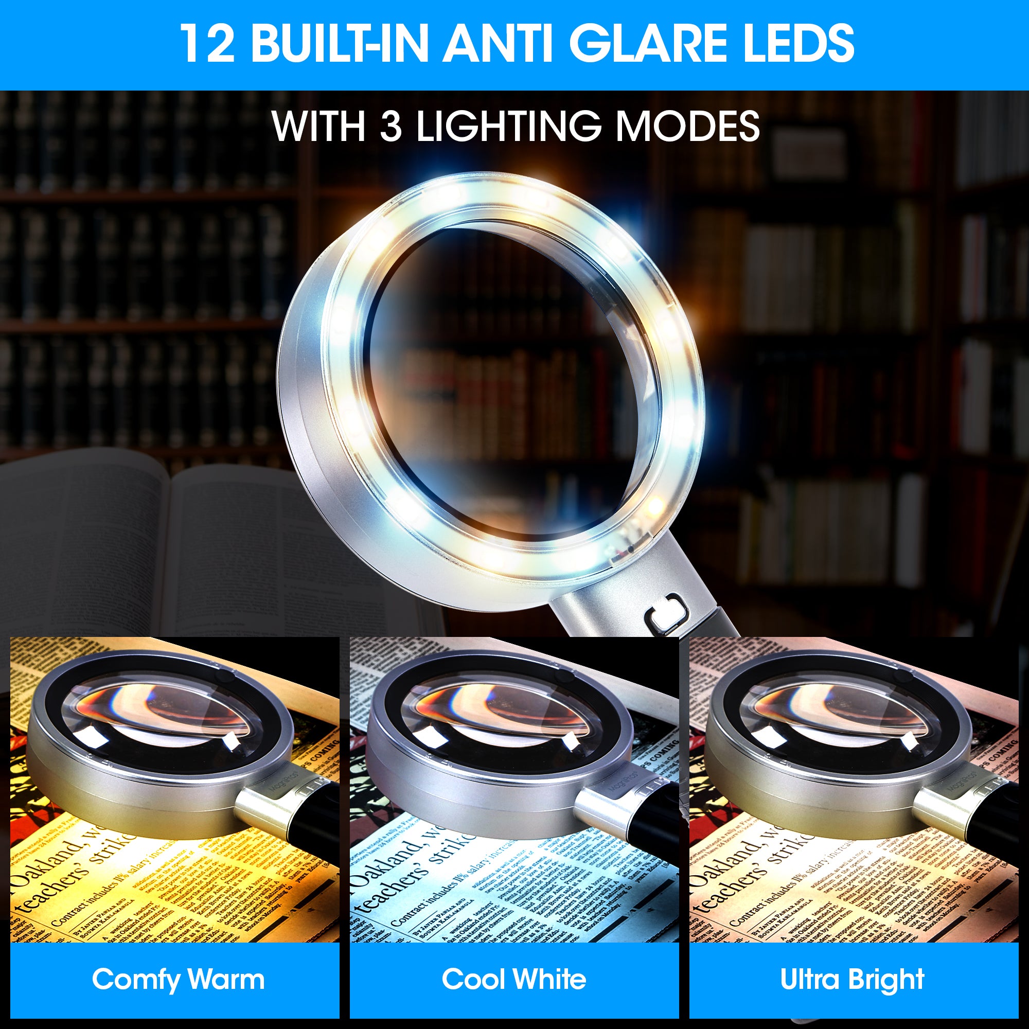 Magnifying Glass with Light, 30X High Power Handheld Large Magnifiers 12 LED Illuminated Lighted Magnifier Lens for Seniors Reading Small Print Stamps